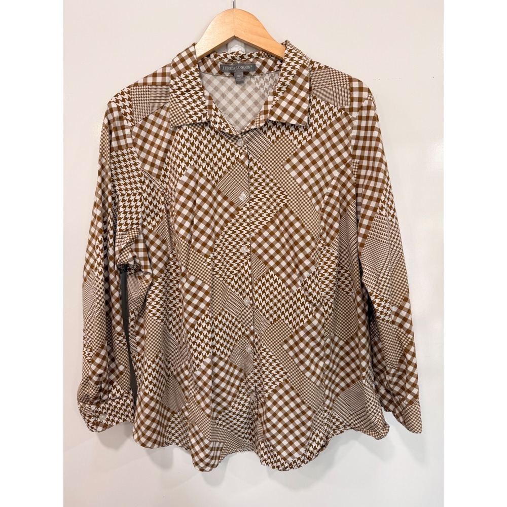Jessica London Brown Patchwork Houndstooth Gingham Button Down Shirt 24W